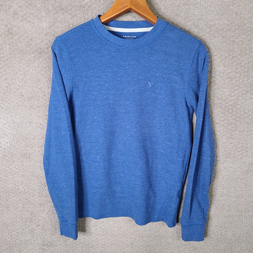 American Eagle Shirt Mens XS Blue Waffle Knit Thermal Standard Fit Crew Neck